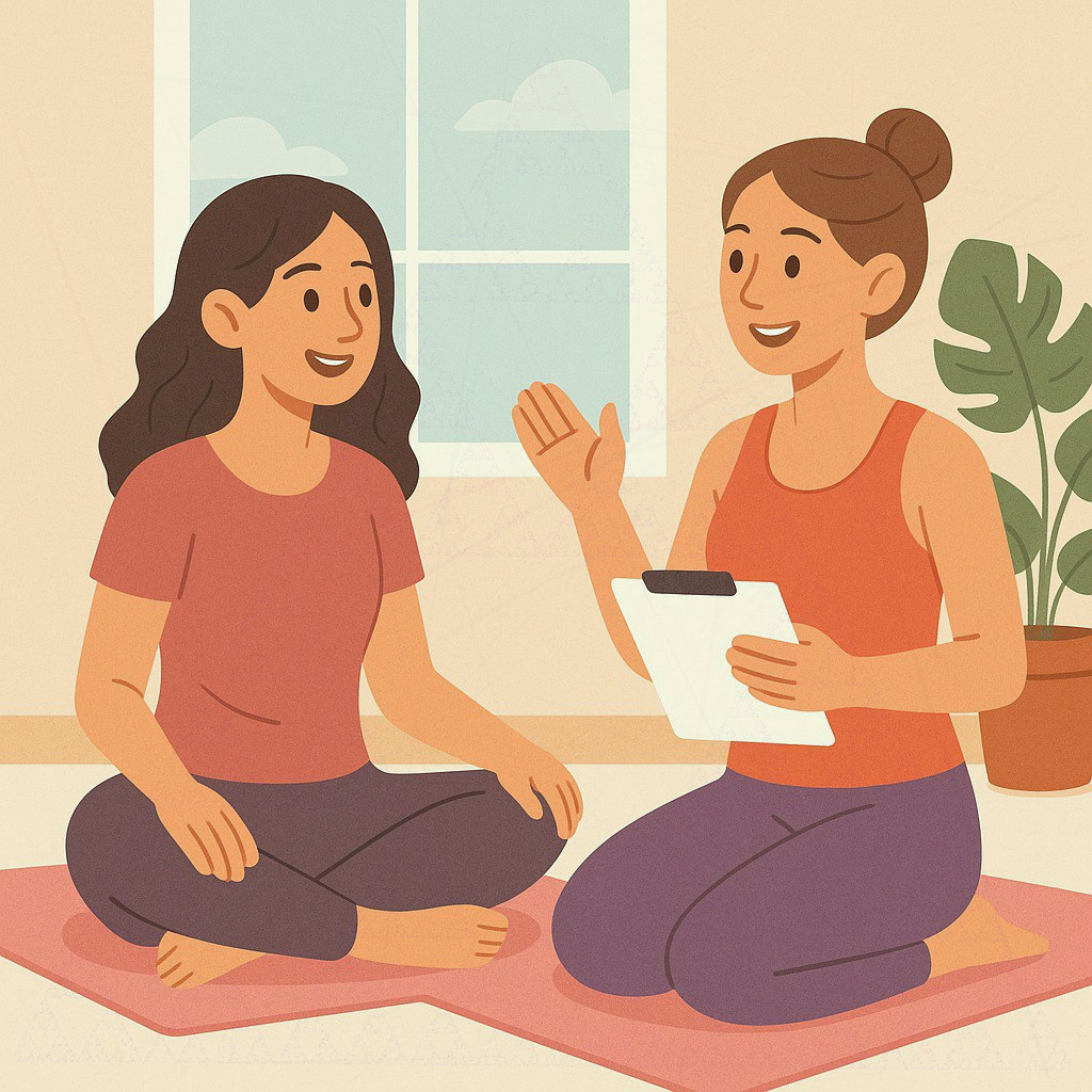 Instructor meditând cu clopote în jur
